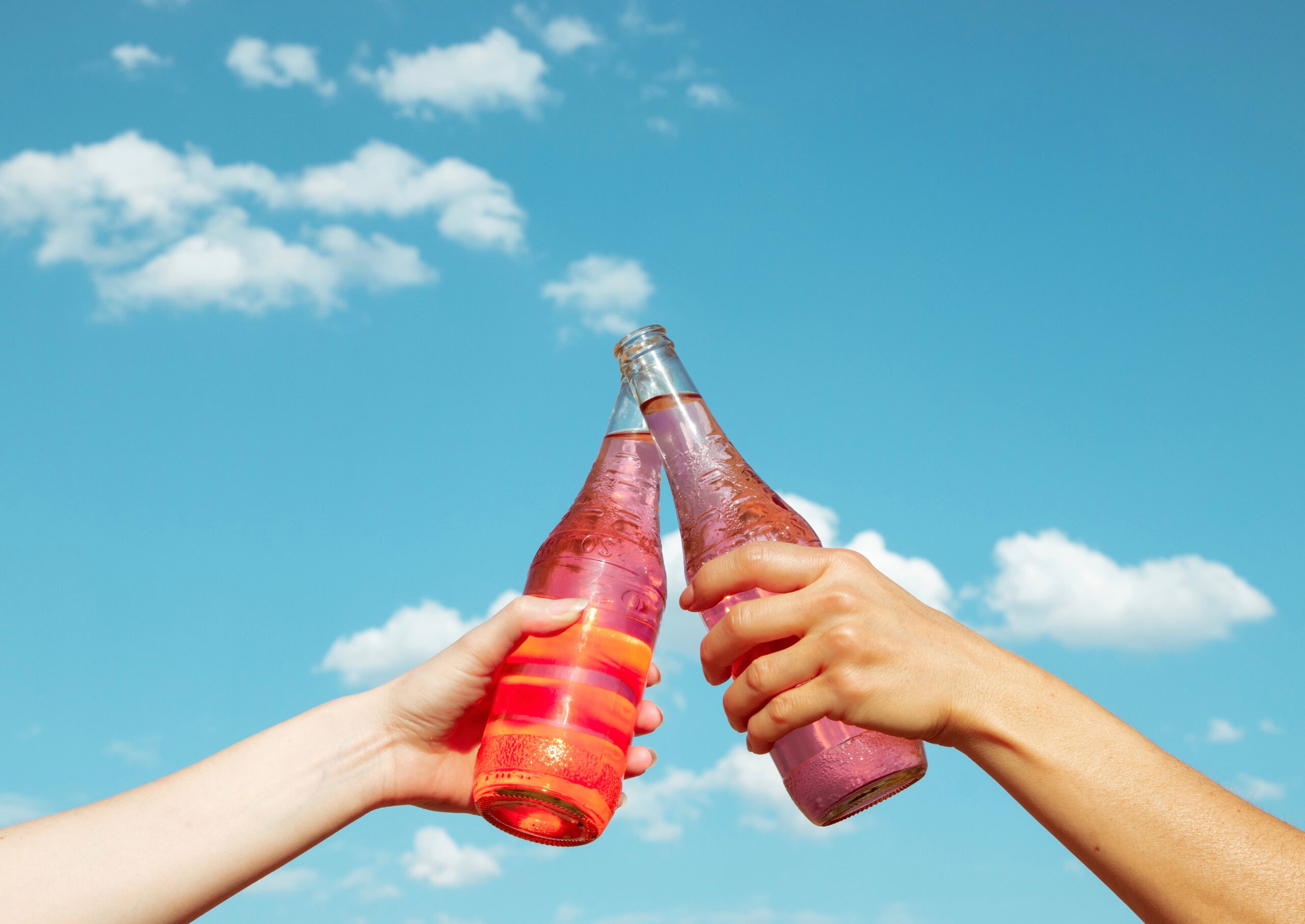 Clinking Drinks With The Cloudy Sky Background.