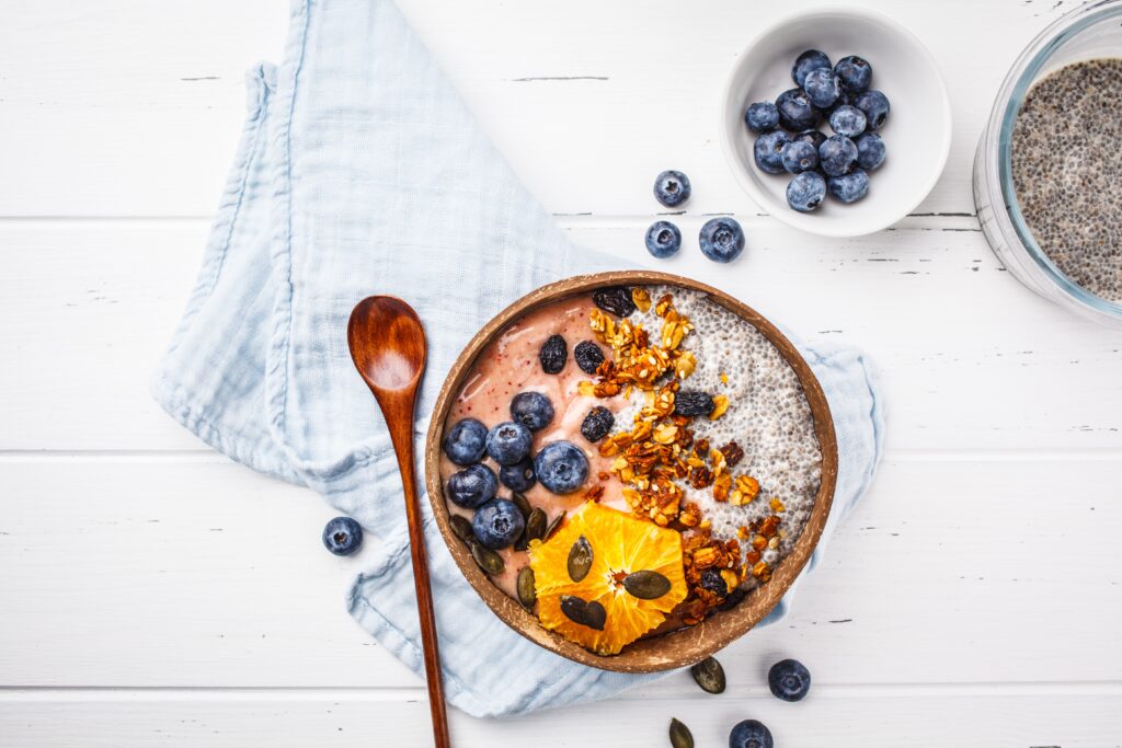 vegan bowl with blueberries and chia seeds